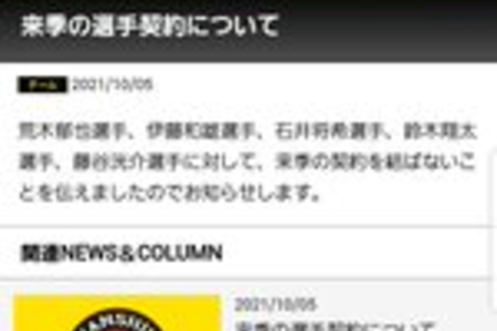 【戦力外通告】阪神、5人と来季契約せず 荒木郁也、伊藤和雄、石井将希、鈴木翔太、藤谷洸介まとめのカテゴリ一覧まとめまとめについて関連サイト一覧